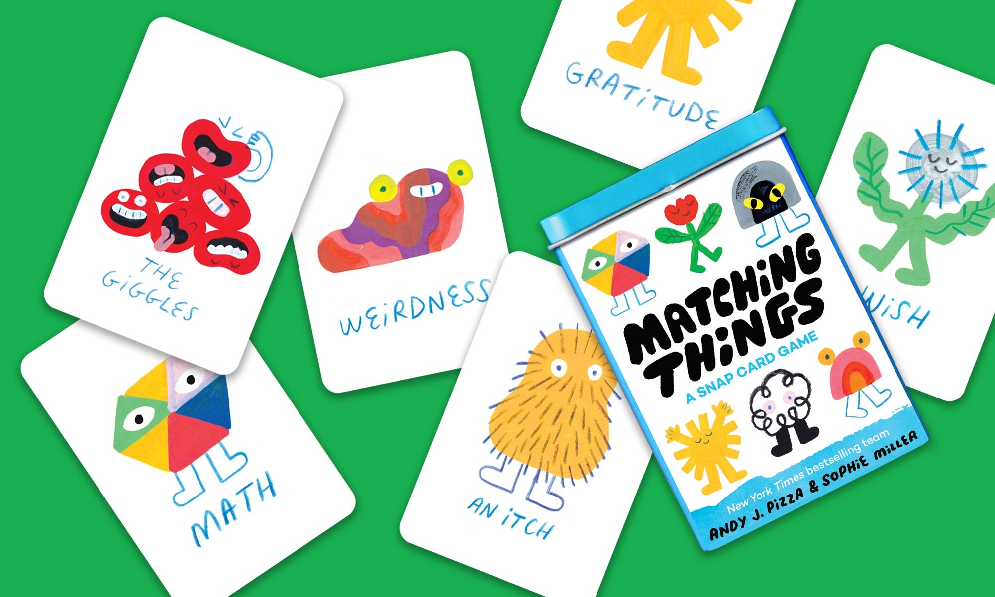 Several illustrated cards from Matching Things: A Snap Game by Petit Collage are shown, each featuring a whimsical creature and a word like “The Giggles,” “Weirdness,” “Math,” “An Itch,” “Gratitude,” or “A Wish.”.
