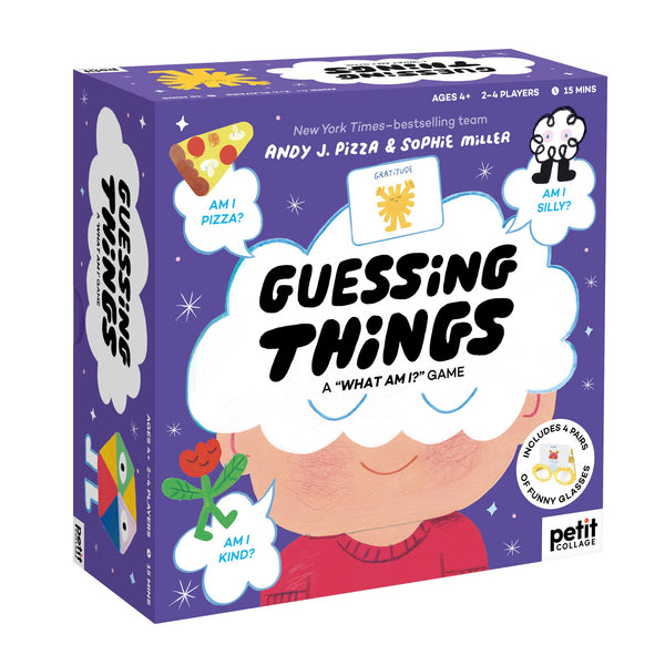 A colorful box for Petit Collage’s “Guessing Things: A What Am I? Game” features a smiling child, a big thought bubble with the game title, and playful images of pizza, silly glasses, and a flower alongside fun questions.