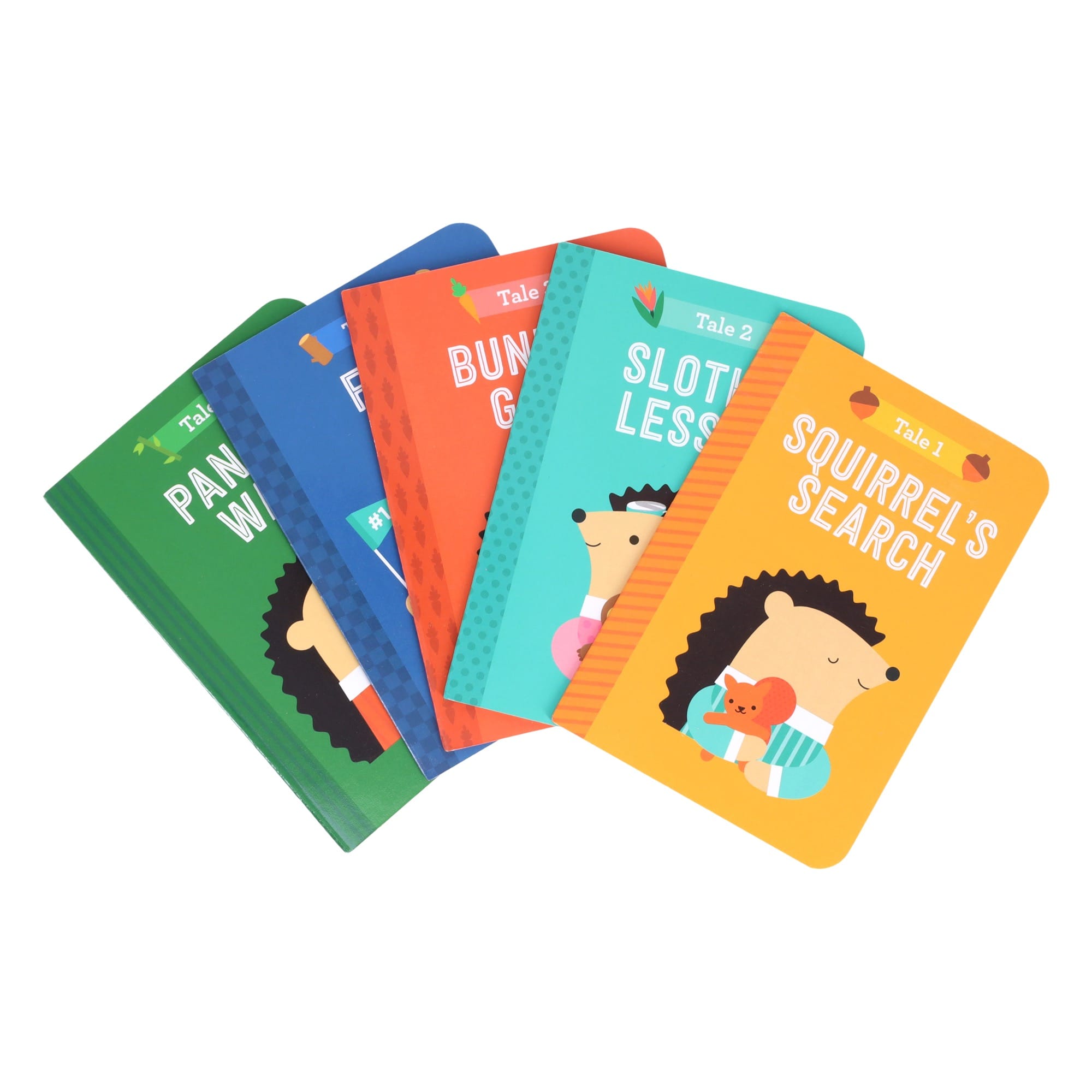 Five colorful children’s books by Petit Collage, titled 