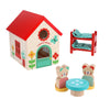 The Petit Collage Mouse House Wooden Play Set features a small house, red bunk bed with green bedding, two bear figures, and a round blue table.