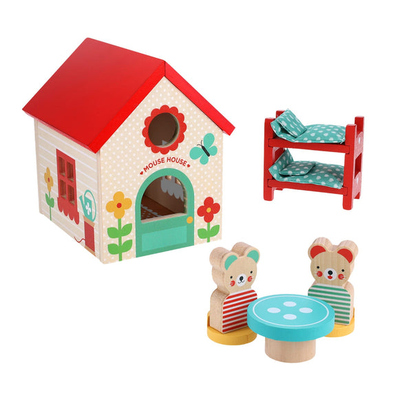 The Petit Collage Mouse House Wooden Play Set features a small house, red bunk bed with green bedding, two bear figures, and a round blue table.
