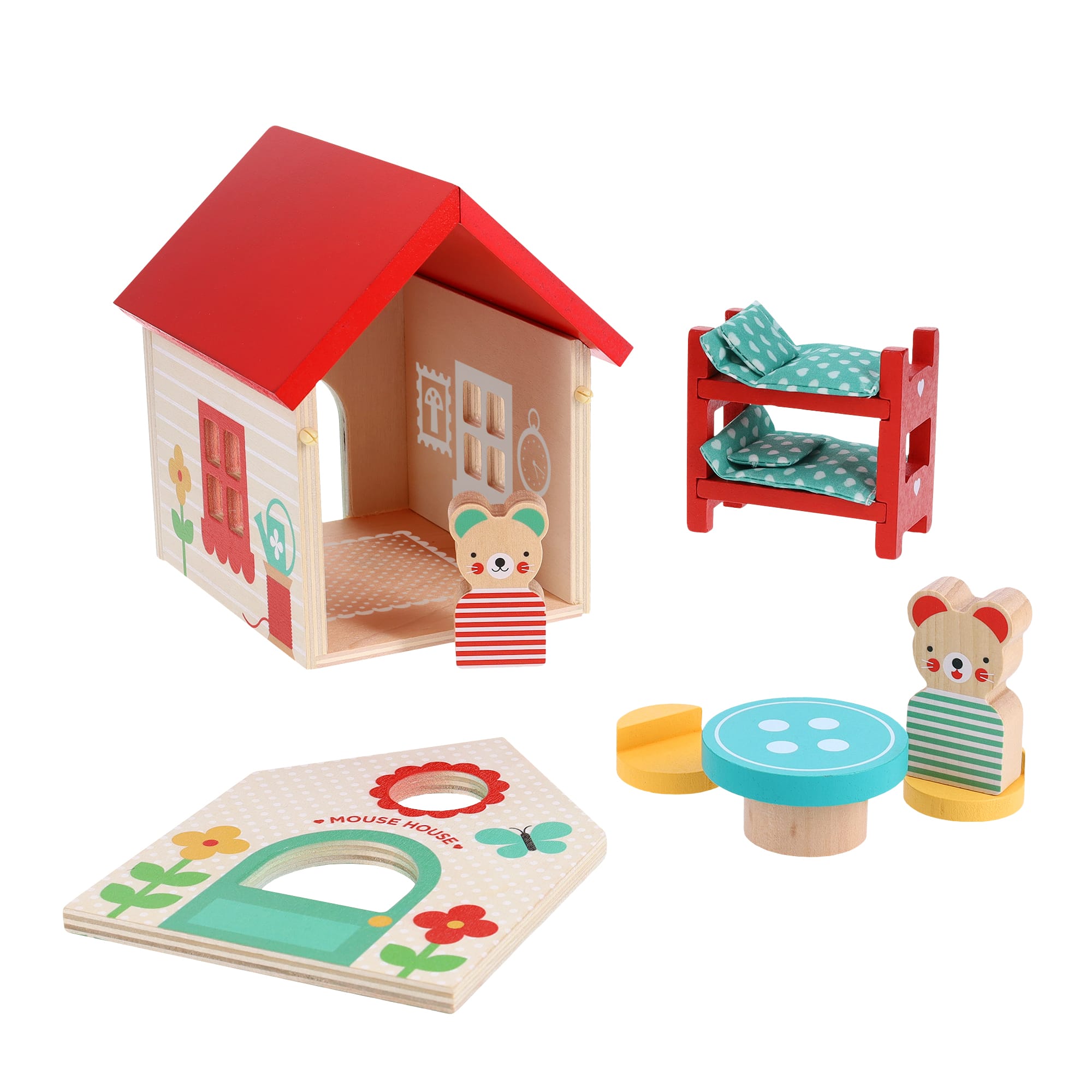 The Mouse House Wooden Play Set by Petit Collage includes a red-roofed dollhouse, two animal figurines, a bunk bed, round table, two chairs, and a printed play mat.