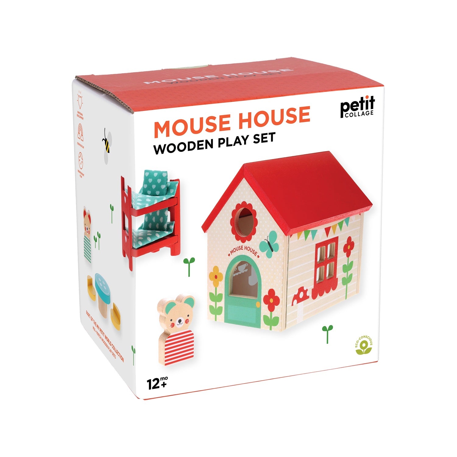 Box containing the Petit Collage Mouse House Wooden Play Set, which includes a toy mouse, house, bunk beds, table, and chairs. Designed for children 12 months and older.