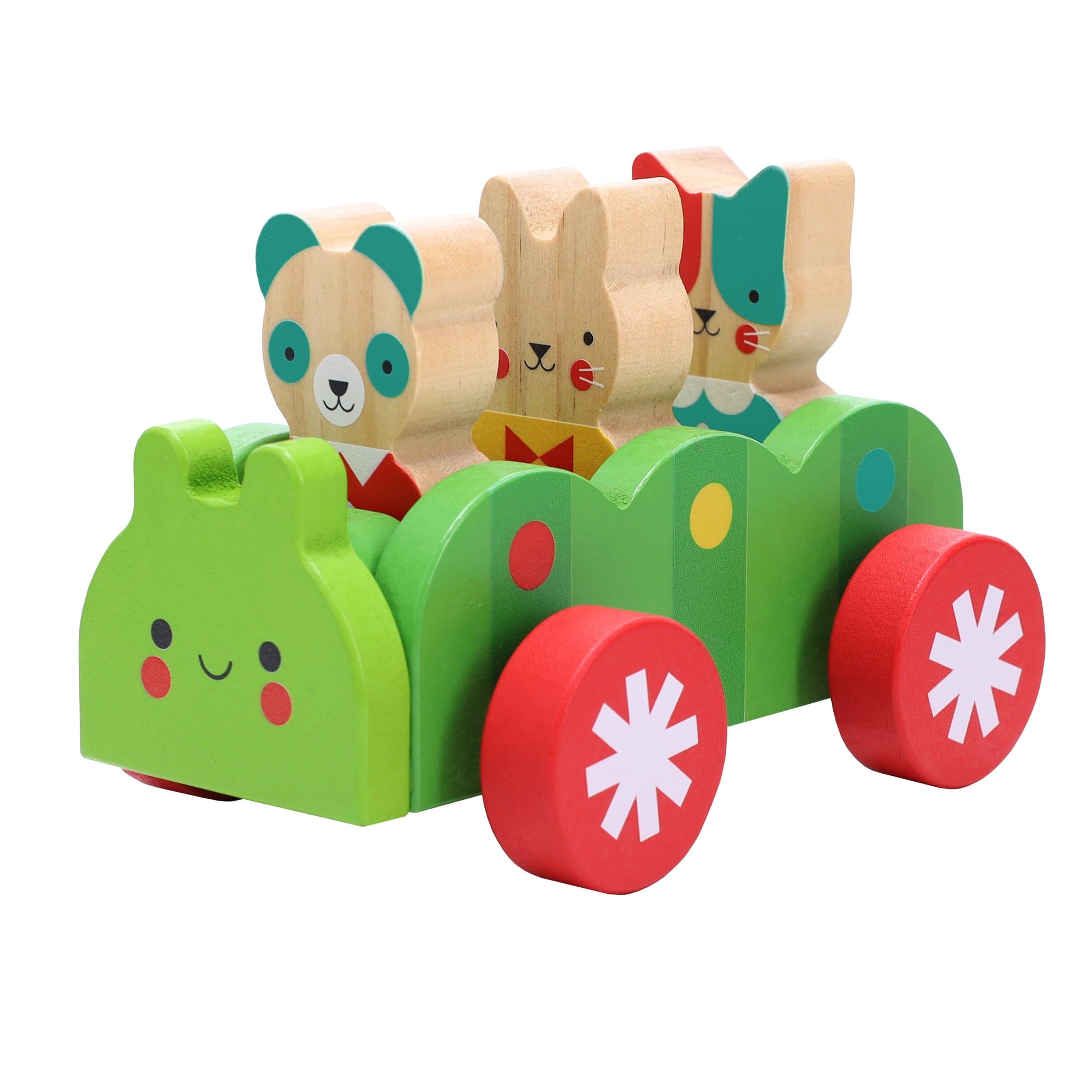 The Petit Collage Bug Bus Wooden Play Set features a green animal-shaped toy car with red wheels, carrying three upright animal figures—a bear, a rabbit, and a cat.