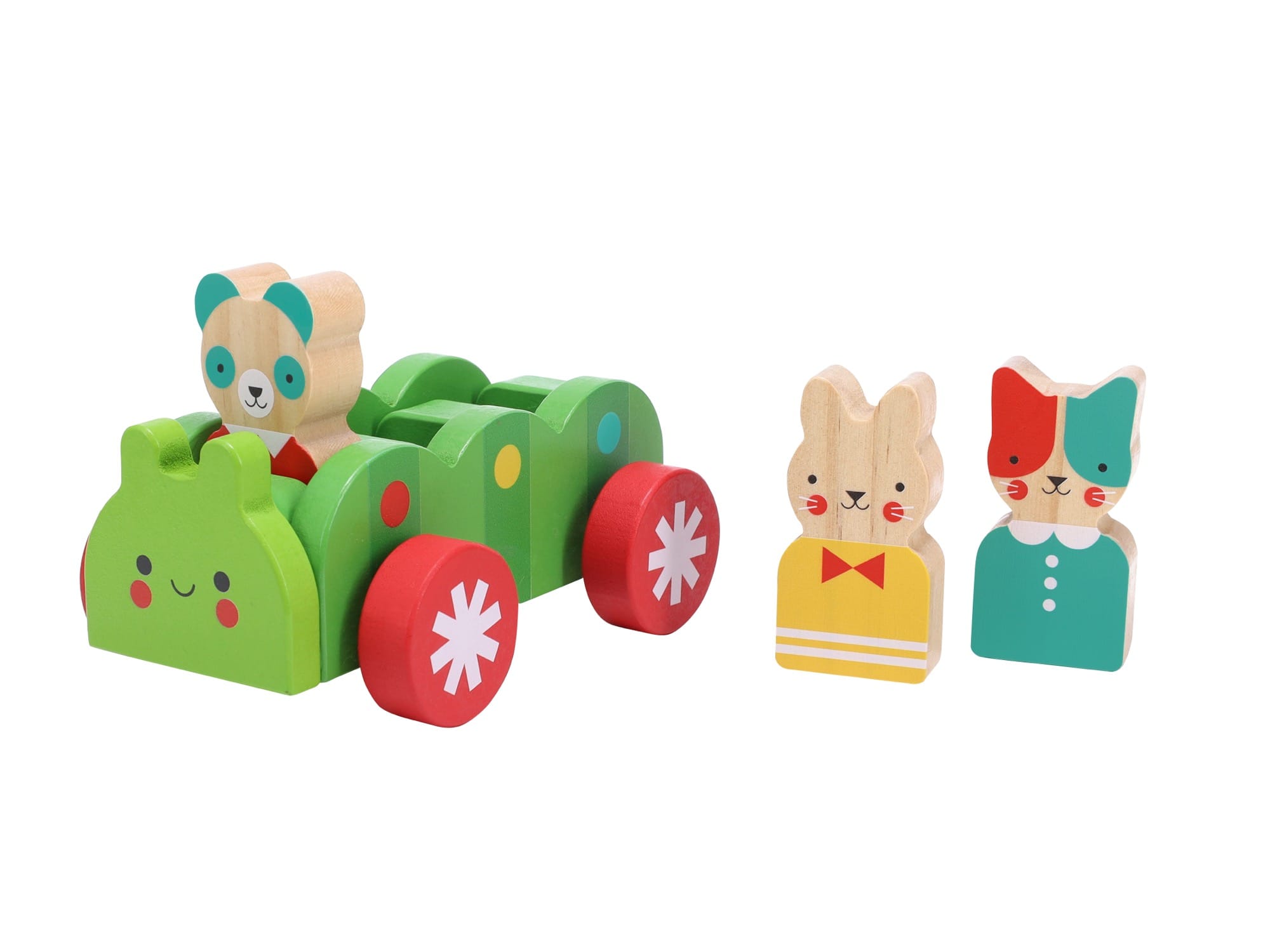 The Petit Collage Bug Bus Wooden Play Set features a green wooden toy car with red wheels, animal faces, and two wooden animal figures—one in a yellow shirt, one in a teal shirt.