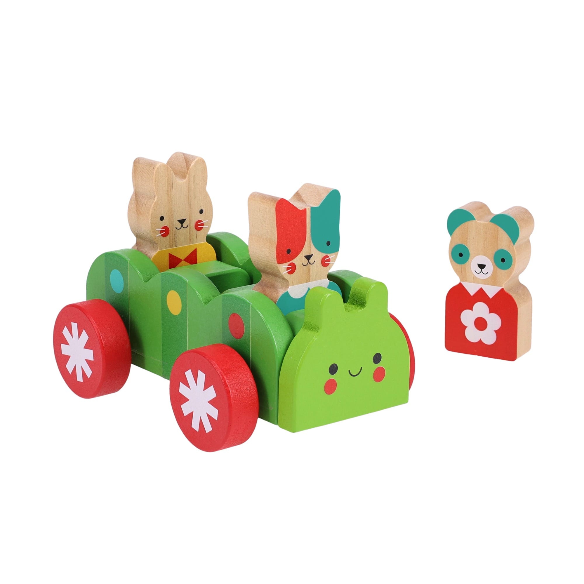 The Petit Collage Bug Bus Wooden Play Set features three brightly colored animal figures—two riding in a green bus with red wheels and one standing beside it—all adorned with simple, cheerful patterns.
