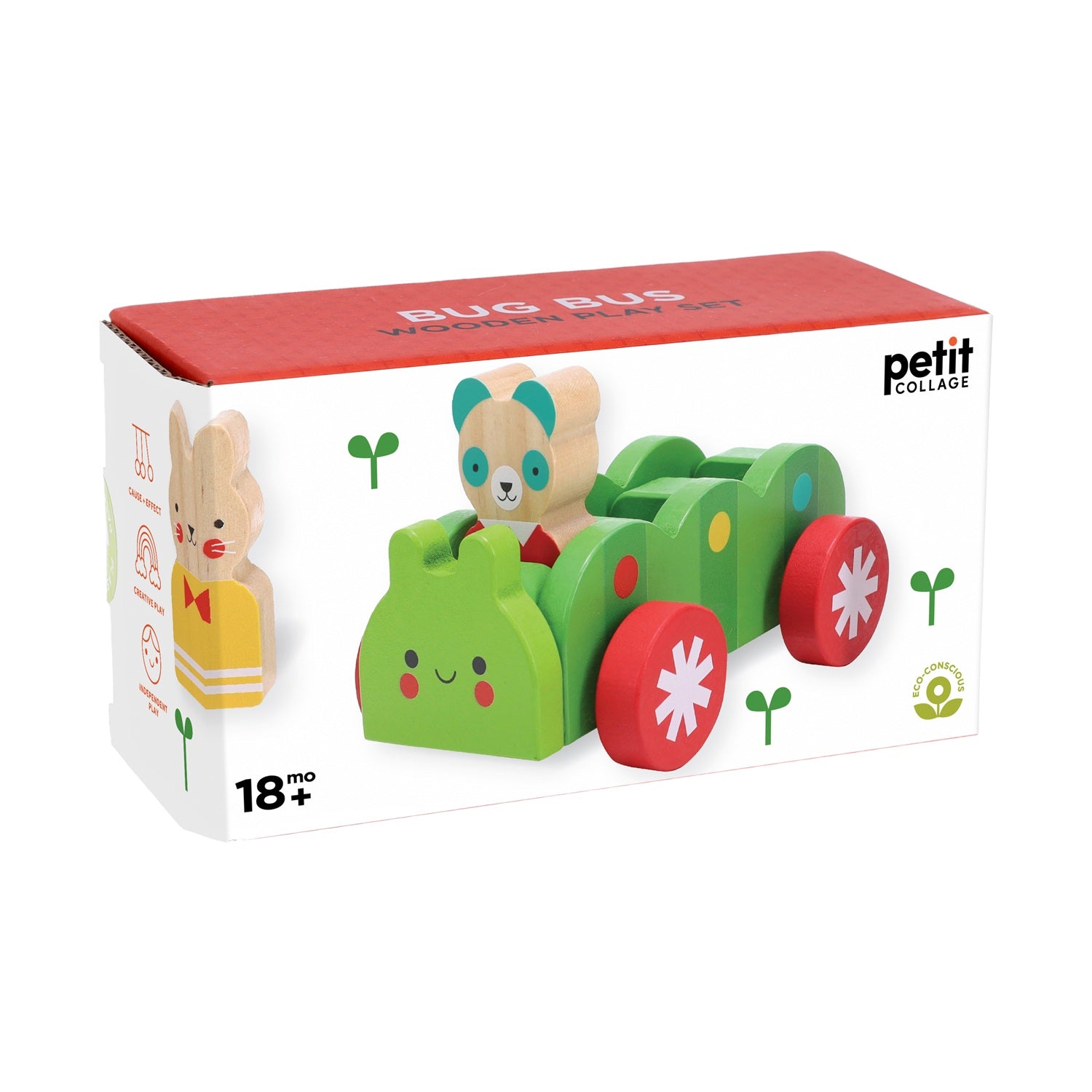 A box containing the Petit Collage Bug Bus Wooden Play Set, featuring red wheels and animal passengers, designed for ages 18 months and up.