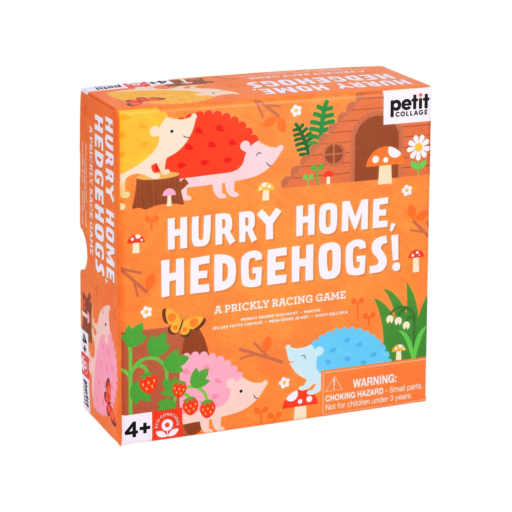 Square box for Petit Collage’s Hurry Home, Hedgehogs!: A Prickly Racing Game, with illustrated hedgehogs and plants on an orange background; suitable for ages 4+, includes choking hazard warning.