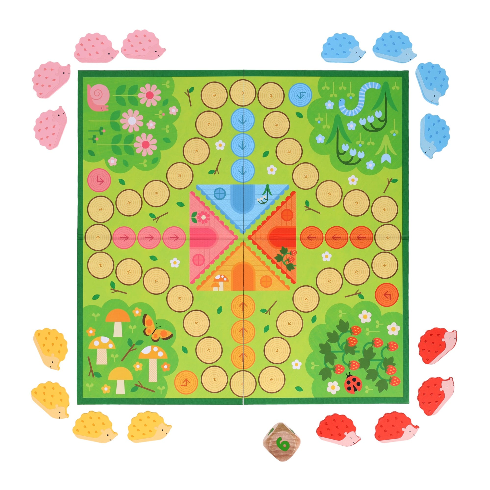 Hurry Home, Hedgehogs! by Petit Collage is a colorful board game featuring a green board with pathways and four sets of pink, blue, yellow, and red hedgehog pieces, plus a die for gameplay.