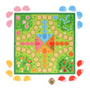 Hurry Home, Hedgehogs! by Petit Collage is a colorful board game featuring a green board with pathways and four sets of pink, blue, yellow, and red hedgehog pieces, plus a die for gameplay.