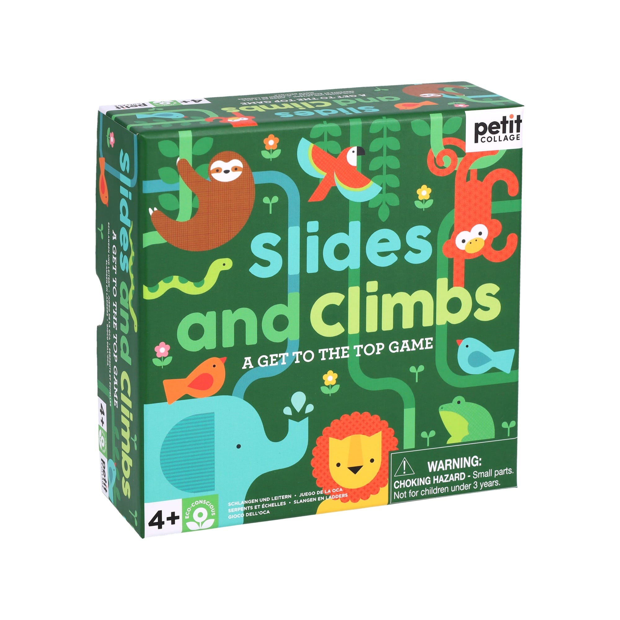 Slides and Climbs: A Get to the Top Game by Petit Collage features playful animal illustrations. Contains small parts; not for children under 3 years. Suitable for ages 4+.