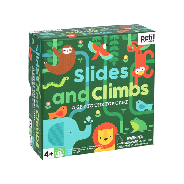 Slides and Climbs: A Get to the Top Game by Petit Collage features playful animal illustrations. Contains small parts; not for children under 3 years. Suitable for ages 4+.