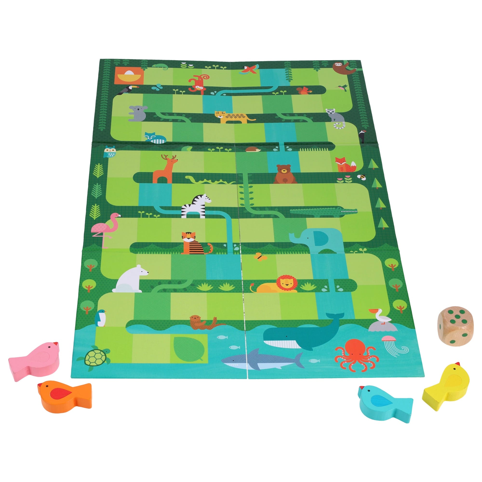 Slides and Climbs: A Get to the Top Game by Petit Collage features animal illustrations, four colored fish pieces, and a wooden die, all displayed on a white surface.