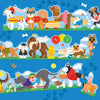 The Shaped Floor Puzzle: Dog Parade by Petit Collage features illustrations of dogs in colorful costumes—like superheroes and animals—standing in rows on a blue background with bones and paw prints.