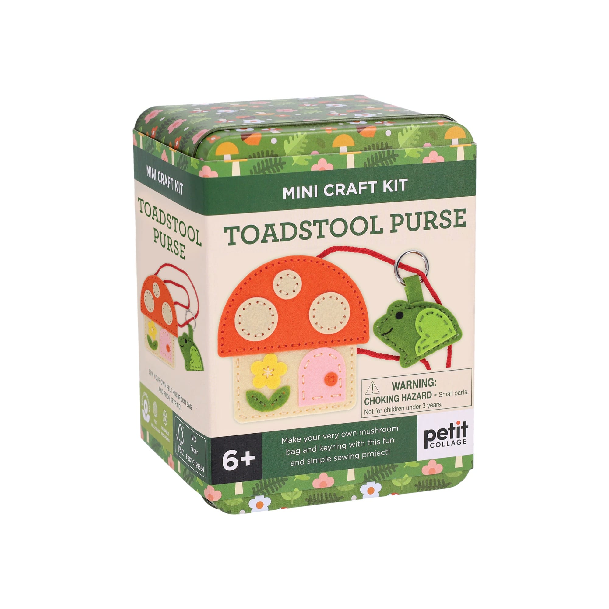 The Petit Collage Mini Craft Kit: Toadstool Purse, for ages 6+, features a felt mushroom purse and keychain. Box warns of small parts.