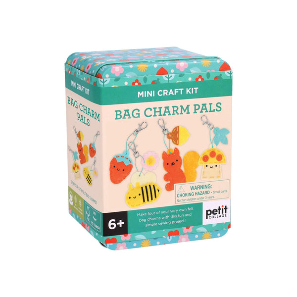 A Petit Collage Mini Craft Kit: Pocket Pal Bag Charms for ages 6+, featuring felt animal and food-themed bag charms on the box and a small parts warning.