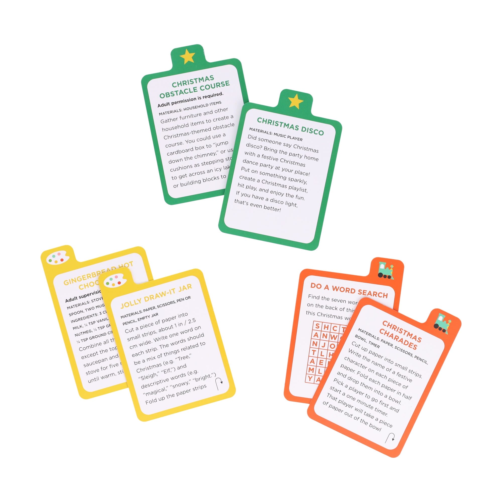 Busy Ideas for Bored Kids: Christmas Edition by Petit Collage features five festive activity cards with Christmas-themed games like an obstacle course, disco, and word search, plus easy-to-follow instructions.
