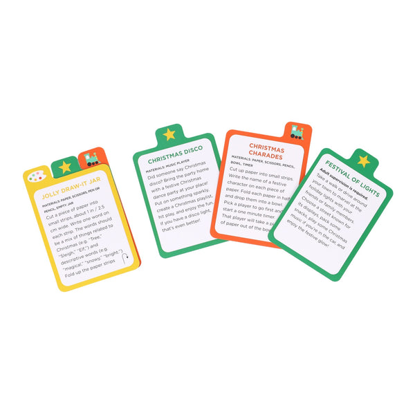 Busy Ideas for Bored Kids: Christmas Edition by Petit Collage features four festive game cards with activities like Jolly Draw-it Jar, Christmas Disco, Christmas Charades, and Festival of Lights.