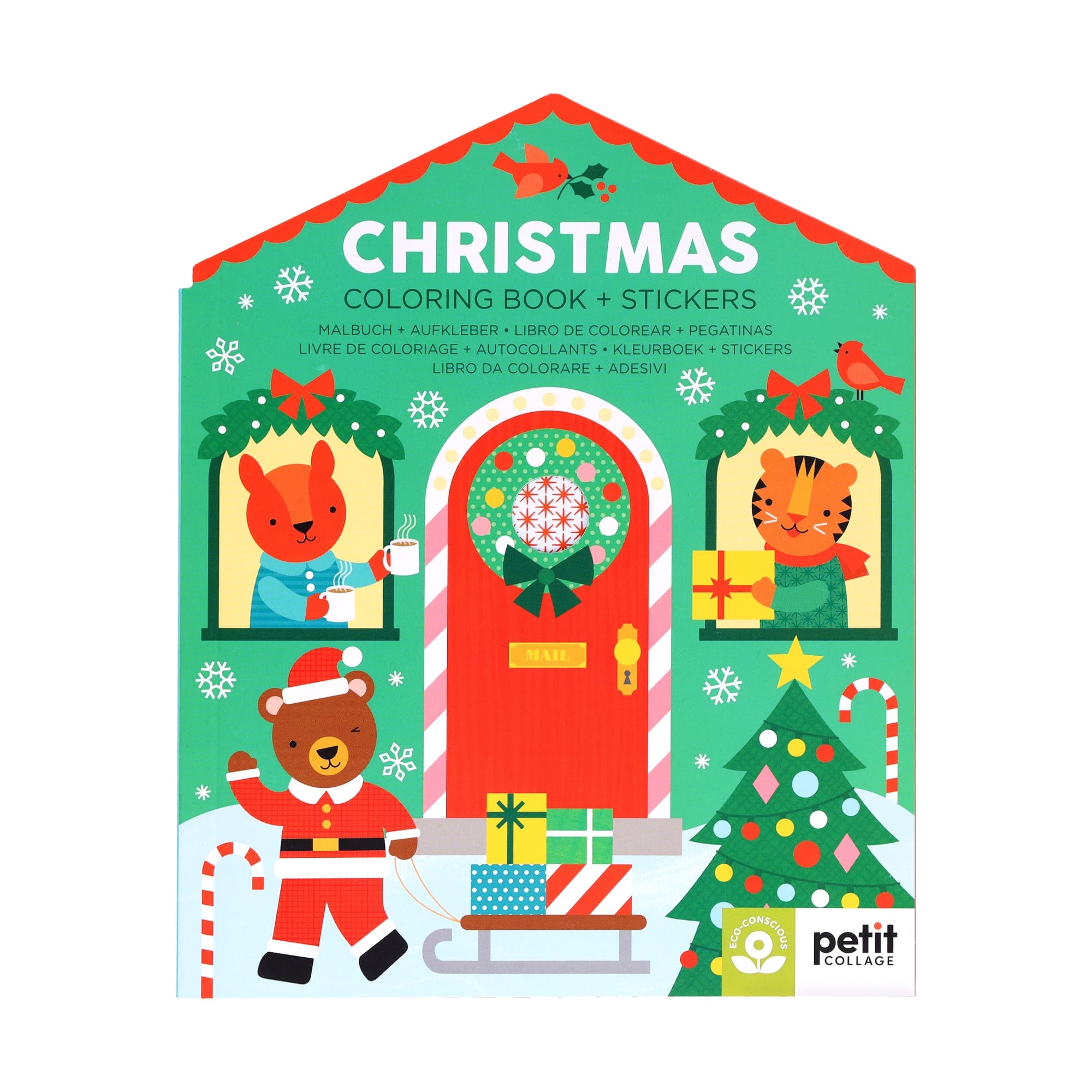 The Petit Collage Christmas Coloring Book + Stickers features animal characters, gifts, a Santa bear, and festive decorations on a house-shaped cover—perfect for kids' holiday fun.