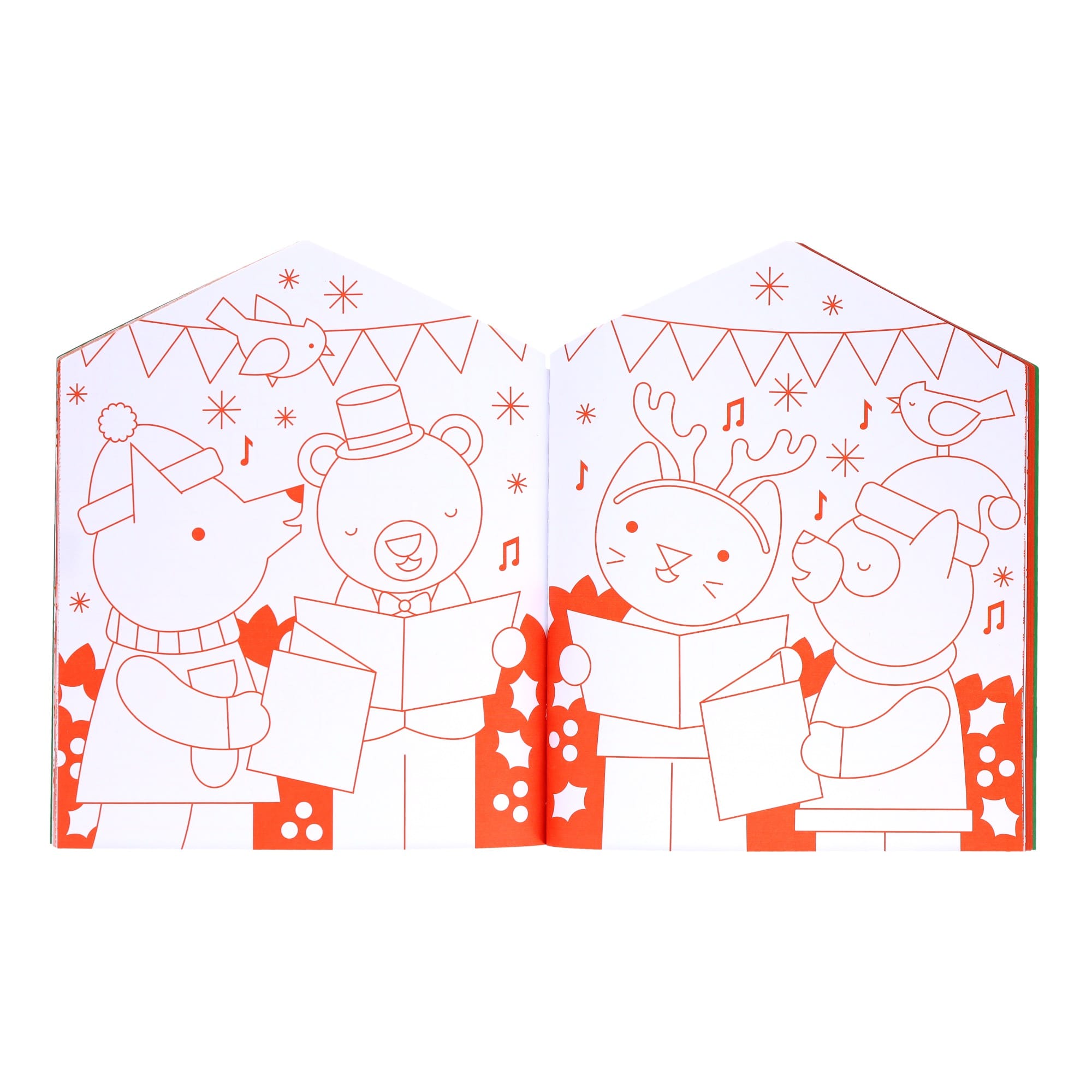 Four cartoon animals in winter accessories sing together among festive decorations in a coloring book illustration from the Petit Collage Christmas Coloring Book + Stickers.