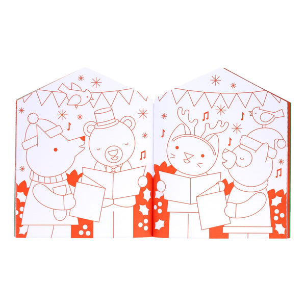 Four cartoon animals in winter accessories sing together among festive decorations in a coloring book illustration from the Petit Collage Christmas Coloring Book + Stickers.