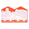 Whimsical road scene from the Petit Collage Christmas Coloring Book + Stickers, featuring two vehicles—one with two bears, the other with a lion and Christmas tree—set against houses, trees, and a starry night sky.