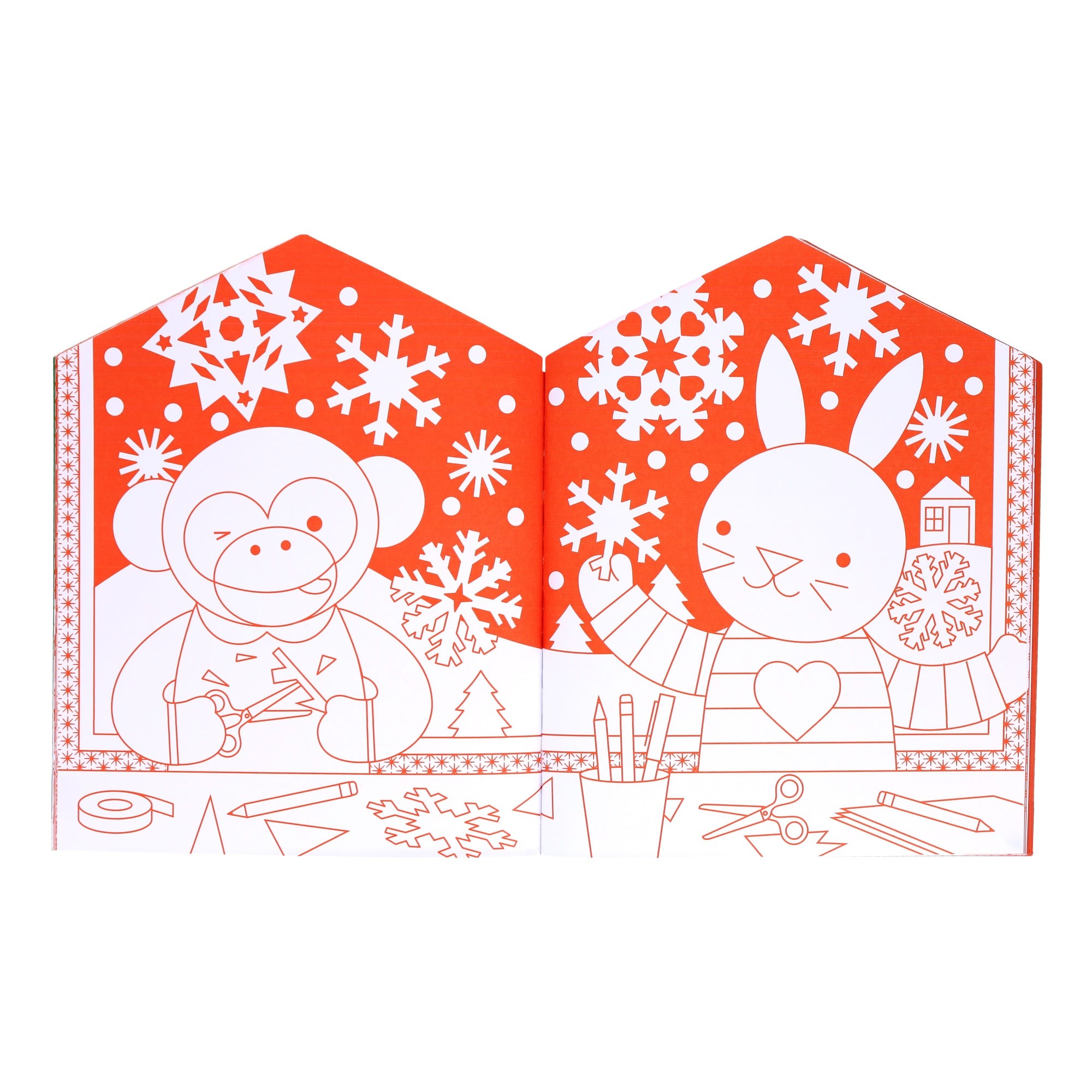 A page from the Petit Collage Christmas Coloring Book + Stickers features a monkey and a rabbit making paper snowflakes at a table, surrounded by festive snowflake decorations and wintry scenery.
