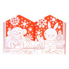 A page from the Petit Collage Christmas Coloring Book + Stickers features a monkey and a rabbit making paper snowflakes at a table, surrounded by festive snowflake decorations and wintry scenery.