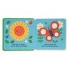 A First Felt Book: Rain and Shine by Petit Collage is an illustrated children’s book featuring a smiling sun, red butterfly, and flowers, with cheerful text about enjoying warm, dry summer days.
