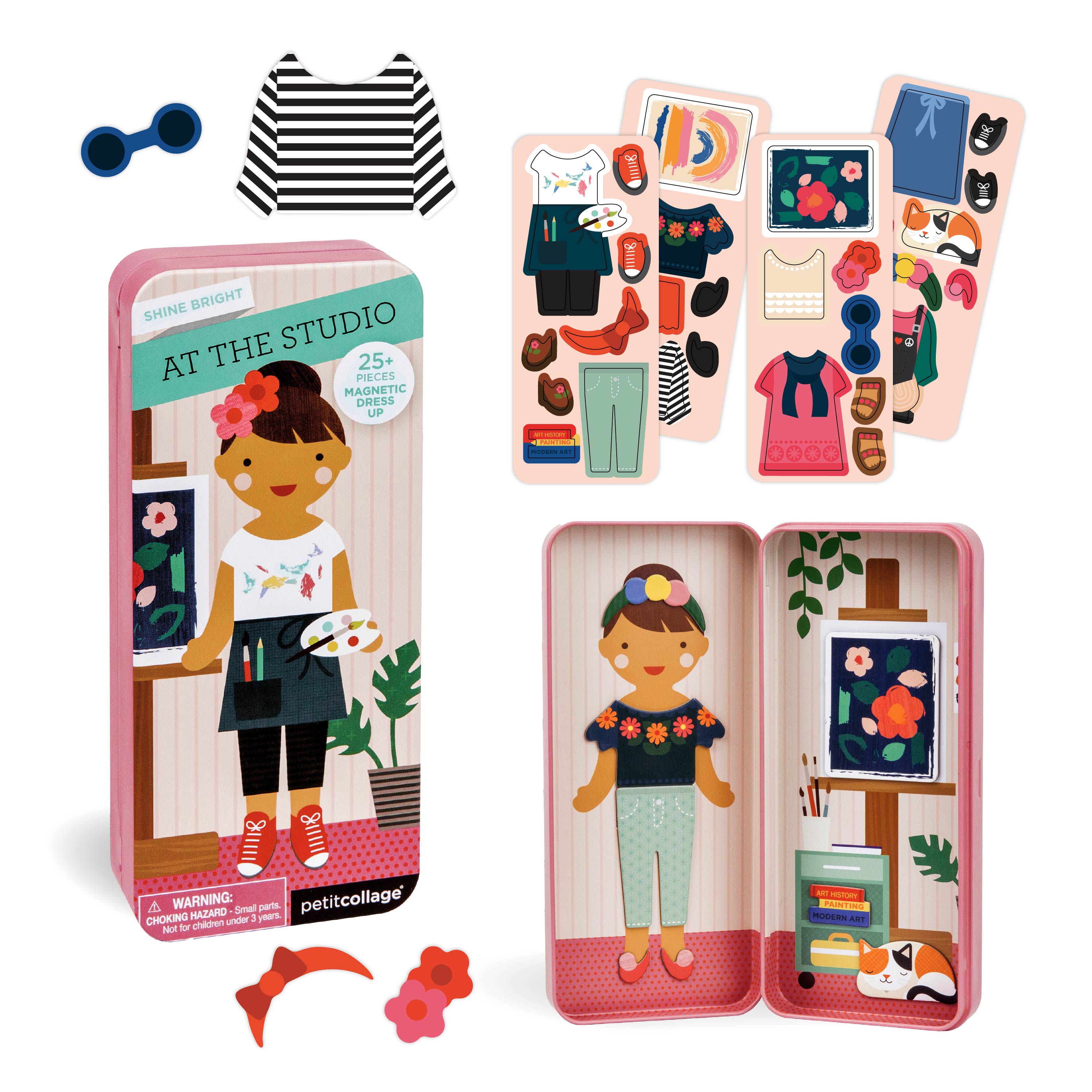 The Petit Collage At The Studio Shine Bright Magnetic Play Set includes a doll, clothing, and accessories, all in a storage tin with box packaging and multiple outfit options.