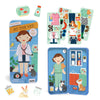 Shine Bright At the Vet Magnetic Dress Up by Petit Collage includes a female vet, animal patients, medical outfits, accessories, and a clinic scene—all neatly stored in a blue, book-shaped case.