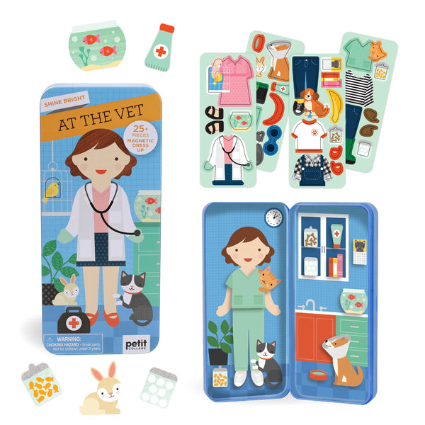 Shine Bright At the Vet Magnetic Dress Up by Petit Collage includes a female vet, animal patients, medical outfits, accessories, and a clinic scene—all neatly stored in a blue, book-shaped case.