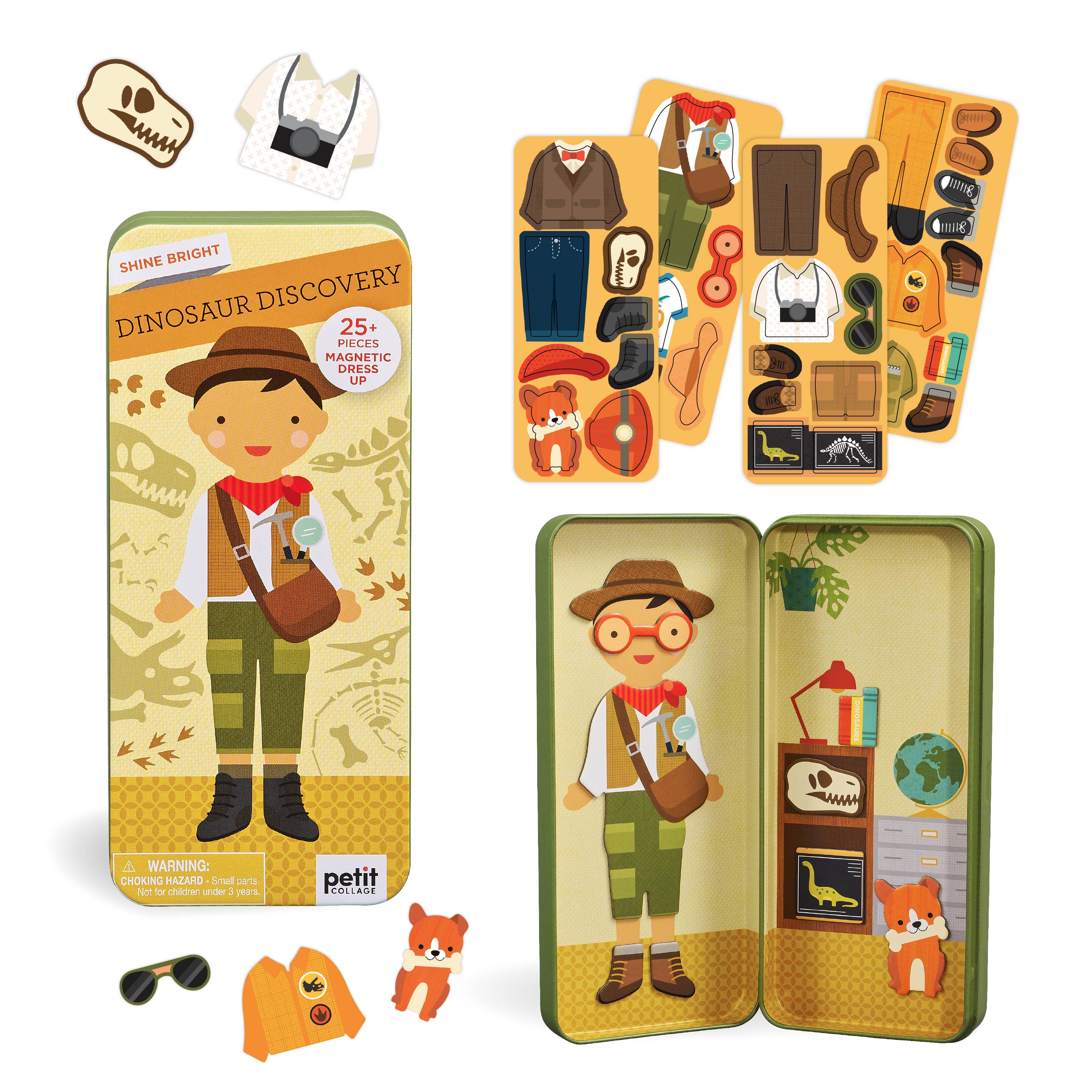 The Petit Collage Dinosaur Discovery Shine Bright Magnetic Play Set includes a metal case, explorer figure, animal magnets, clothing, and fun accessories like hats, glasses, and bags—all with a dinosaur explorer theme.