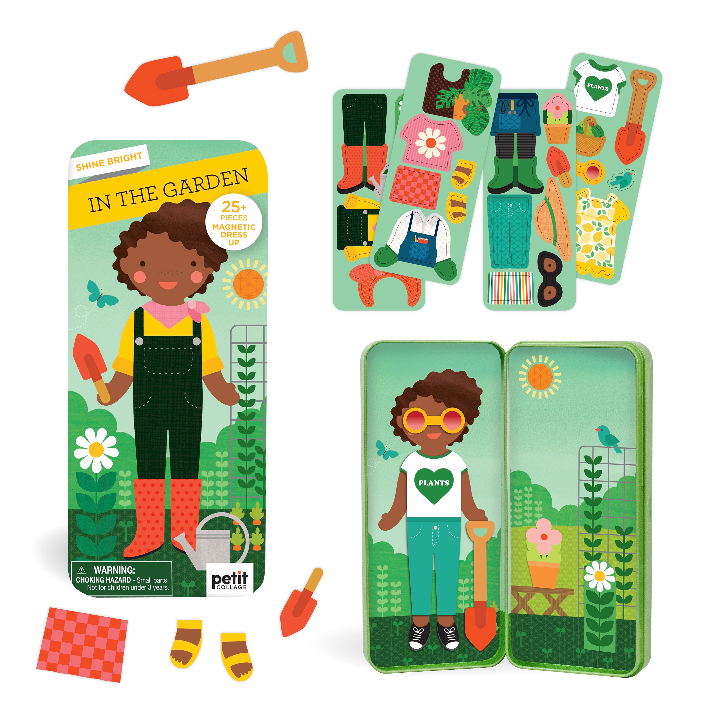 The Shine Bright In the Garden magnetic dress-up set by Petit Collage features a gardener character with mix-and-match gardening outfits and accessories, all stored in a tin box with an illustrated garden backdrop.
