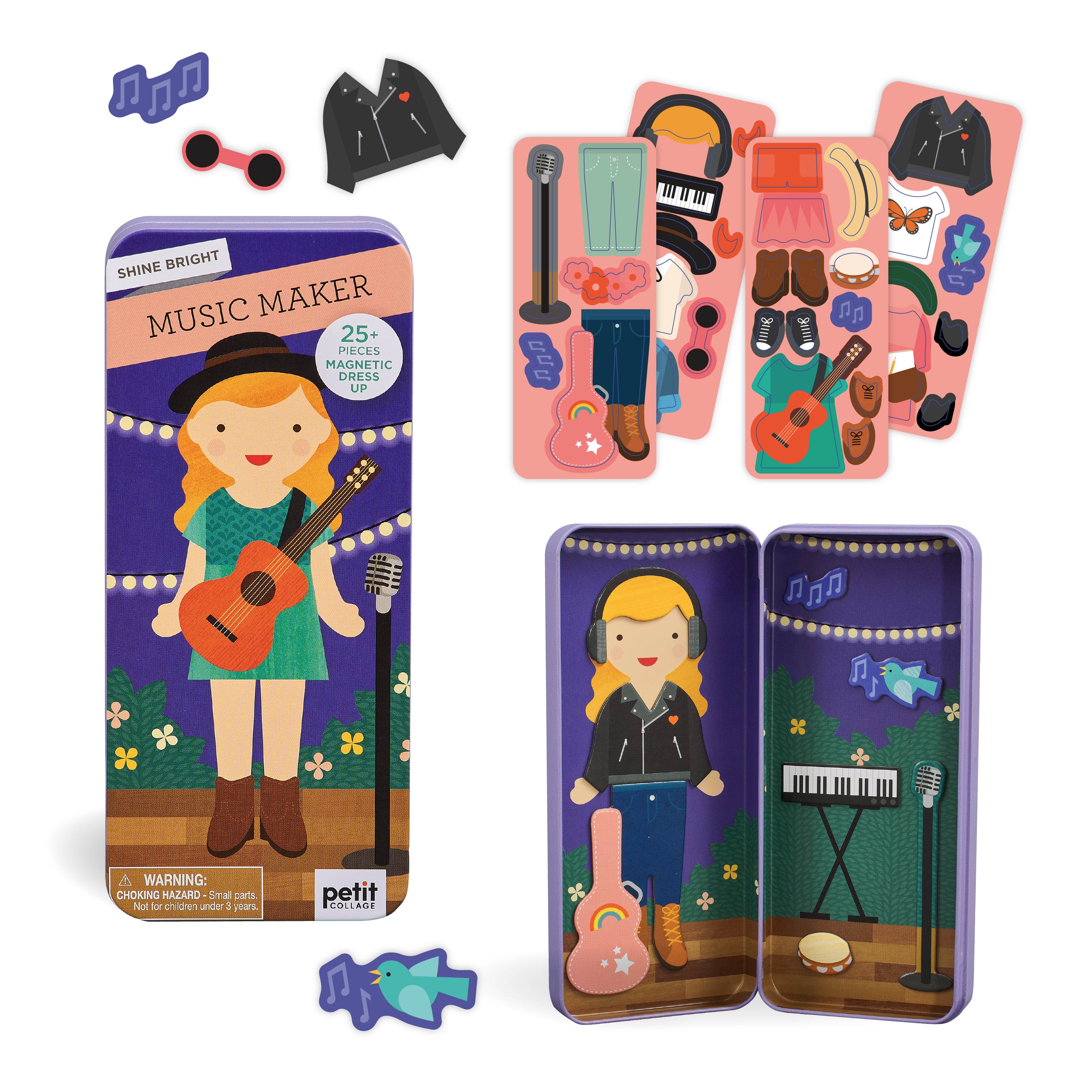 The Petit Collage Music Maker Shine Bright Magnetic Play Set features a girl figure, music-themed magnetic clothing, instruments, and accessories in a tin case labeled “Music Maker.”.