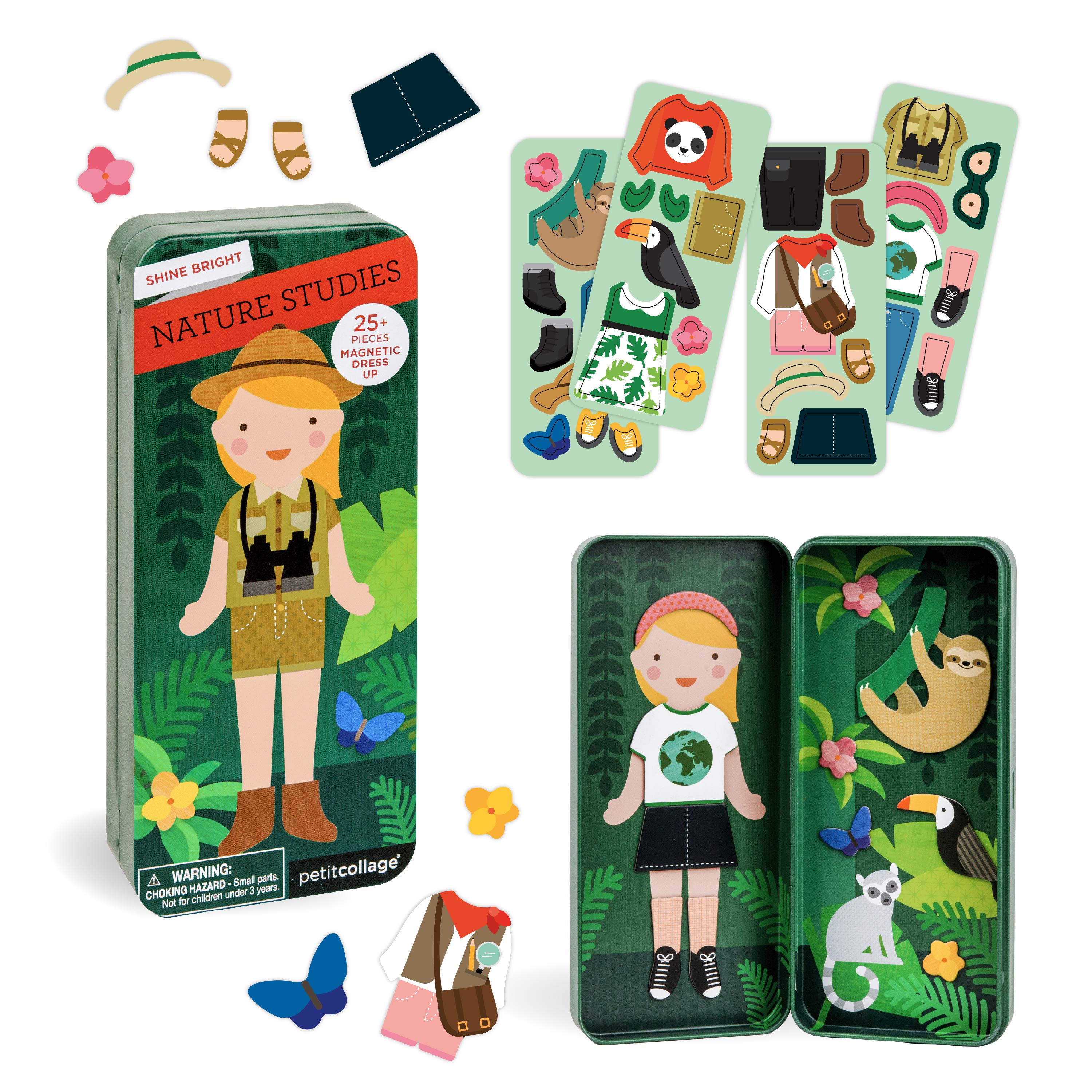 The Petit Collage Nature Studies Shine Bright Magnetic Play Set is a nature explorer-themed dress-up toy with a tin case, girl figure, and magnetic clothing and accessories for endless mix-and-match fun.