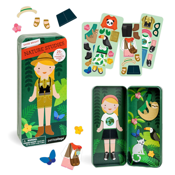 The Petit Collage Nature Studies Shine Bright Magnetic Play Set is a nature explorer-themed dress-up toy with a tin case, girl figure, and magnetic clothing and accessories for endless mix-and-match fun.