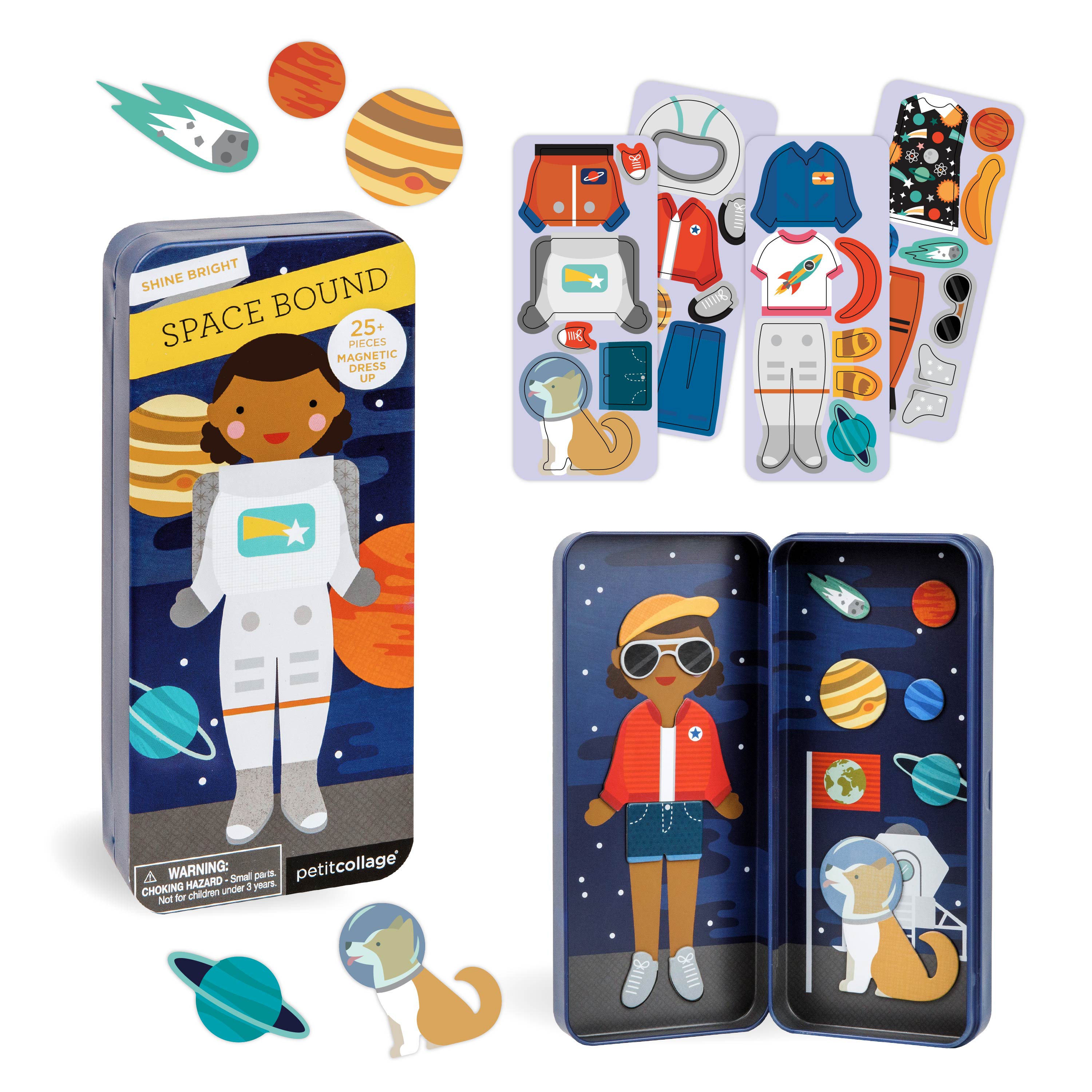 Petit Collage’s Space Bound Shine Bright Magnetic Play Set includes an astronaut figure, dog, planets, and space-themed outfits in a handy metal storage tin.