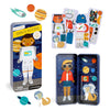 Petit Collage’s Space Bound Shine Bright Magnetic Play Set includes an astronaut figure, dog, planets, and space-themed outfits in a handy metal storage tin.