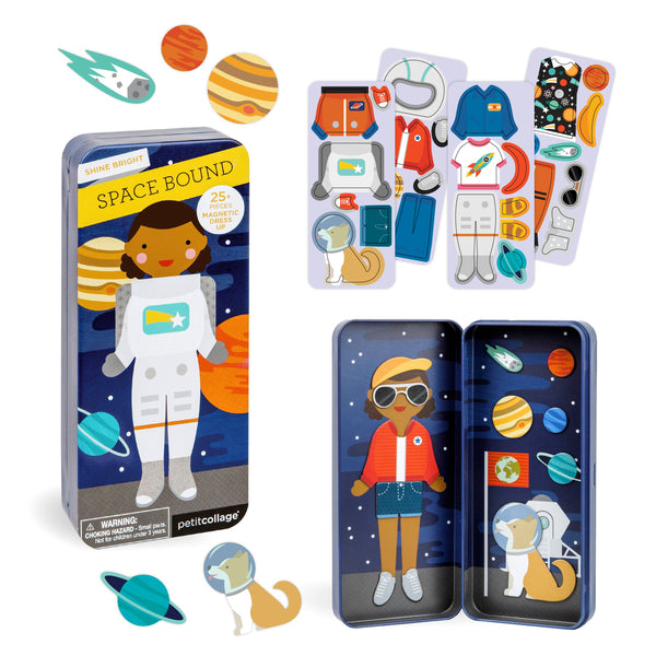 Petit Collage’s Space Bound Shine Bright Magnetic Play Set includes an astronaut figure, dog, planets, and space-themed outfits in a handy metal storage tin.