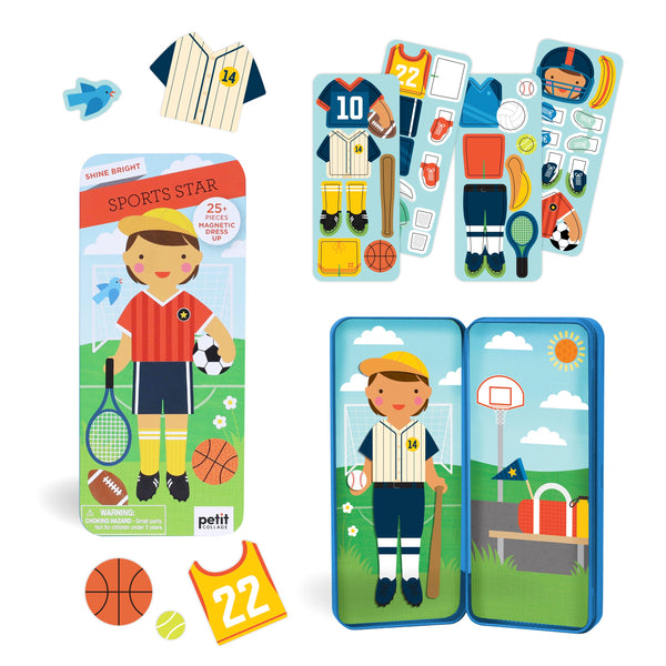 The Petit Collage Shine Bright: Sports Star is a magnetic dress-up toy set with a sports-themed character and mix-and-match outfits and accessories for soccer, baseball, tennis, and basketball.