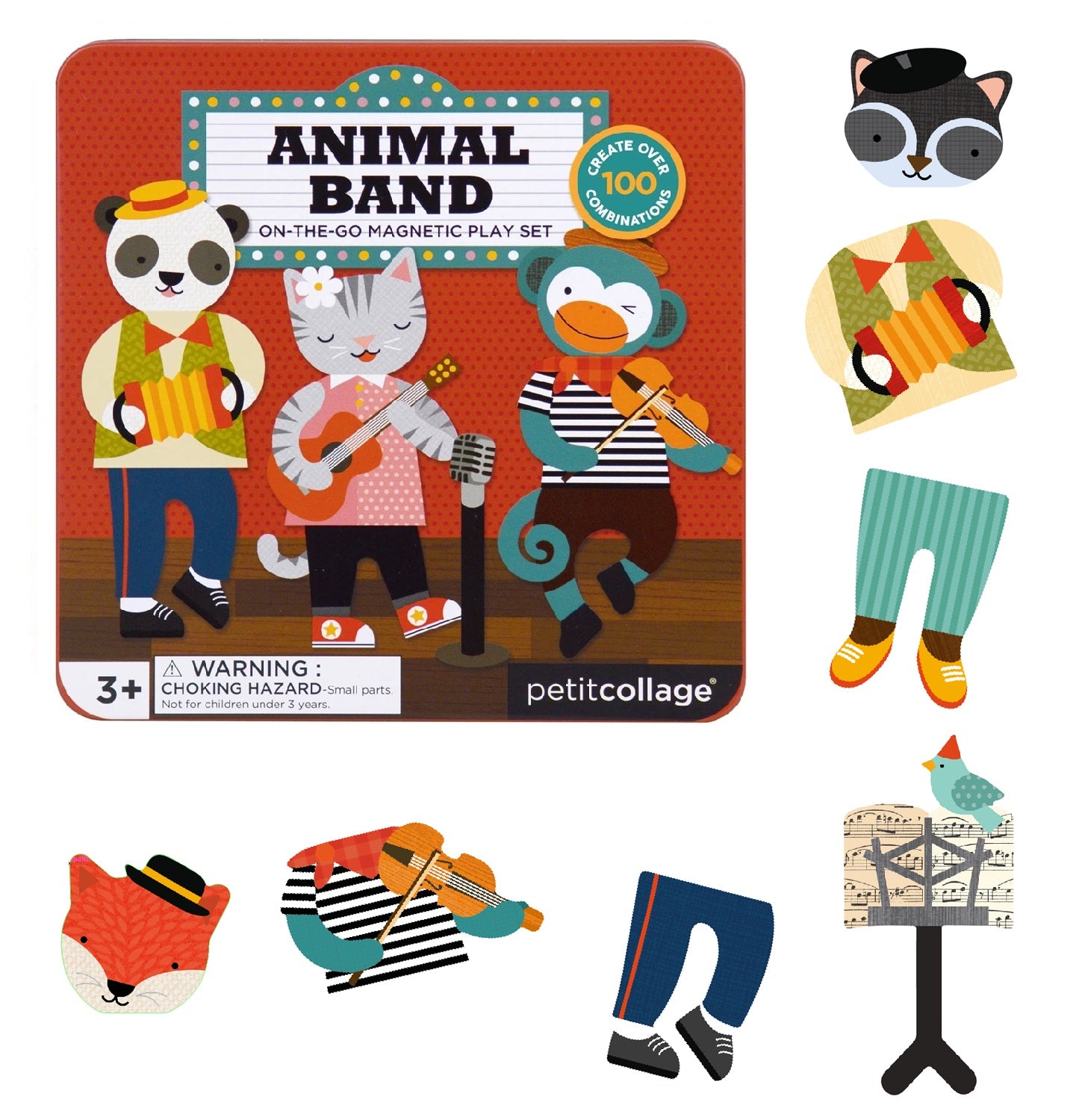The Petit Collage Animal Band Magnetic Play Set Tin features illustrated animals playing instruments, dress-up pieces, and includes a warning label for choking hazards for children under 3 years.