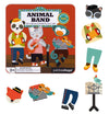 The Petit Collage Animal Band Magnetic Play Set Tin features illustrated animals playing instruments, dress-up pieces, and includes a warning label for choking hazards for children under 3 years.