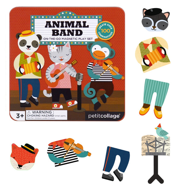 The Petit Collage Animal Band Magnetic Play Set Tin features illustrated animals playing instruments, dress-up pieces, and includes a warning label for choking hazards for children under 3 years.