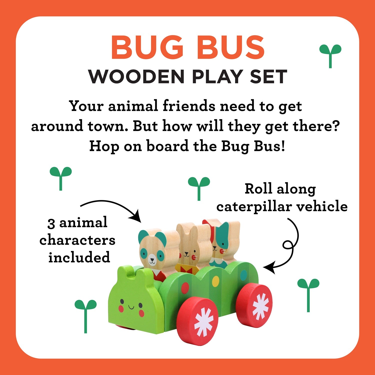 Introducing the Bug Bus Wooden Play Set by Petit Collage—a charming green caterpillar vehicle with vibrant red wheels, complete with three adorable animal characters seated inside. This delightful set offers imaginative play and engaging features for little ones.
