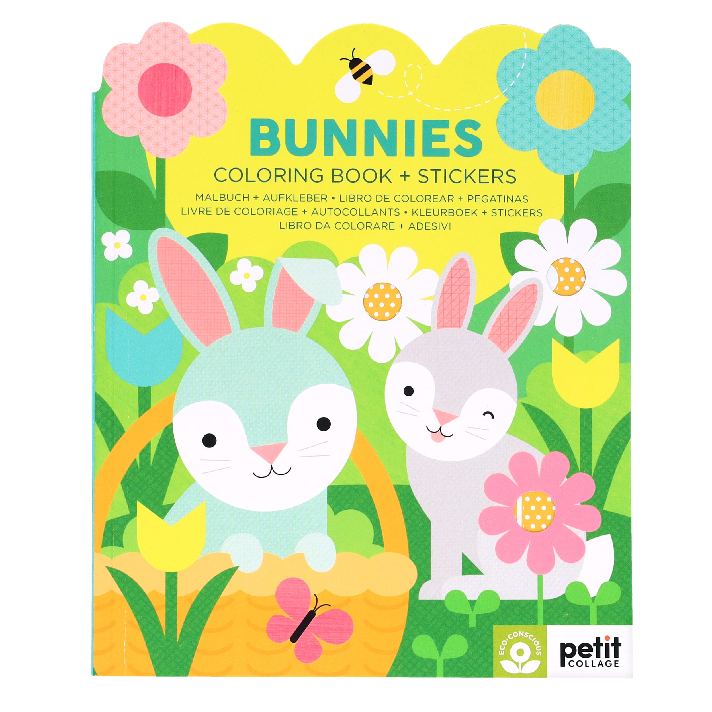 Cover of the Bunnies Coloring Book + Stickers by Petit Collage, featuring illustrated bunnies, flowers, and bright colors.