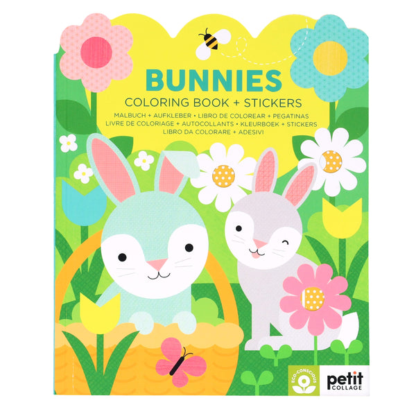 Cover of the Bunnies Coloring Book + Stickers by Petit Collage, featuring illustrated bunnies, flowers, and bright colors.
