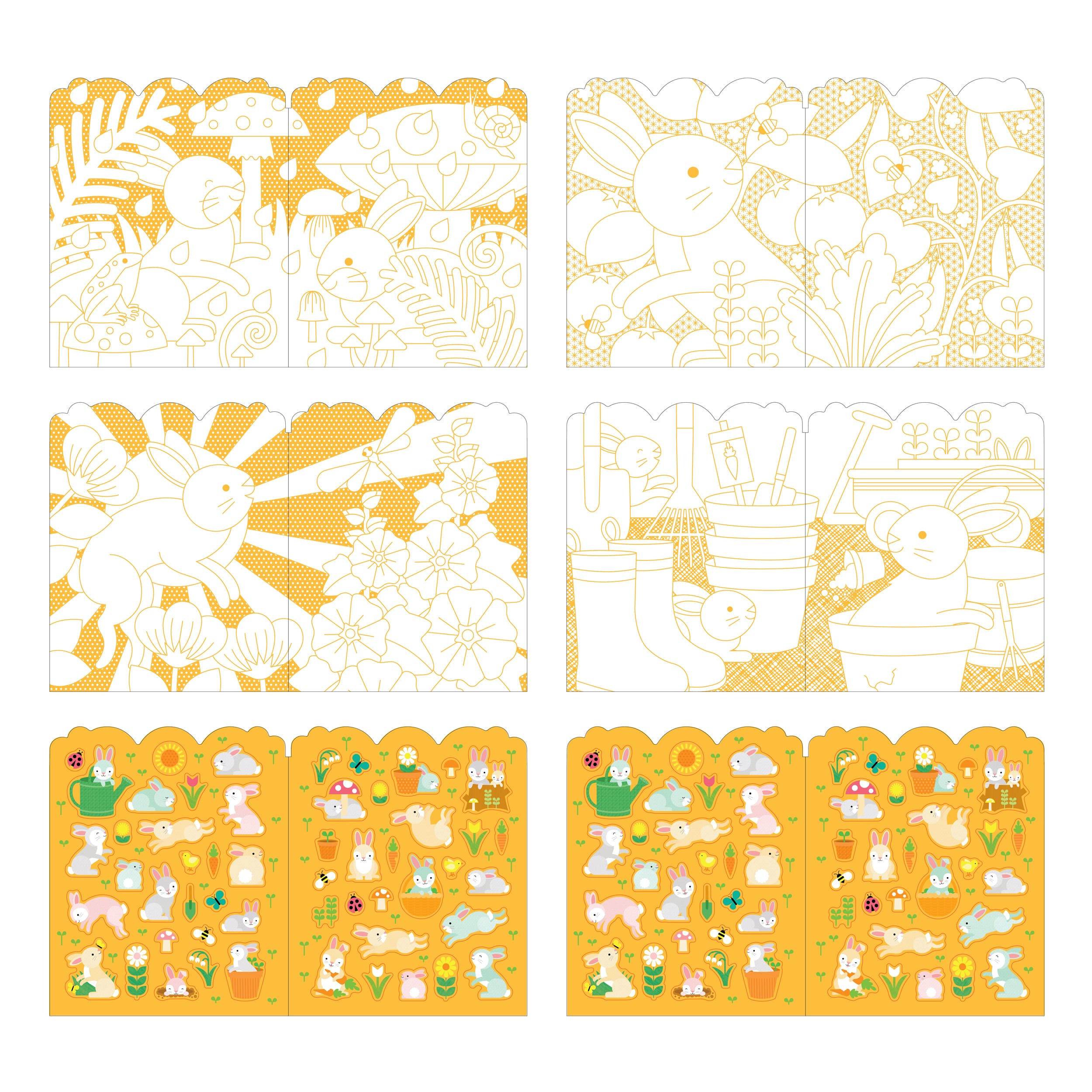 The Petit Collage Bunnies Coloring Book + Stickers includes four garden-themed outline coloring pages with bunnies, plants, and tools, plus two colored sheets of small bunny, plant, and gardening illustrations.