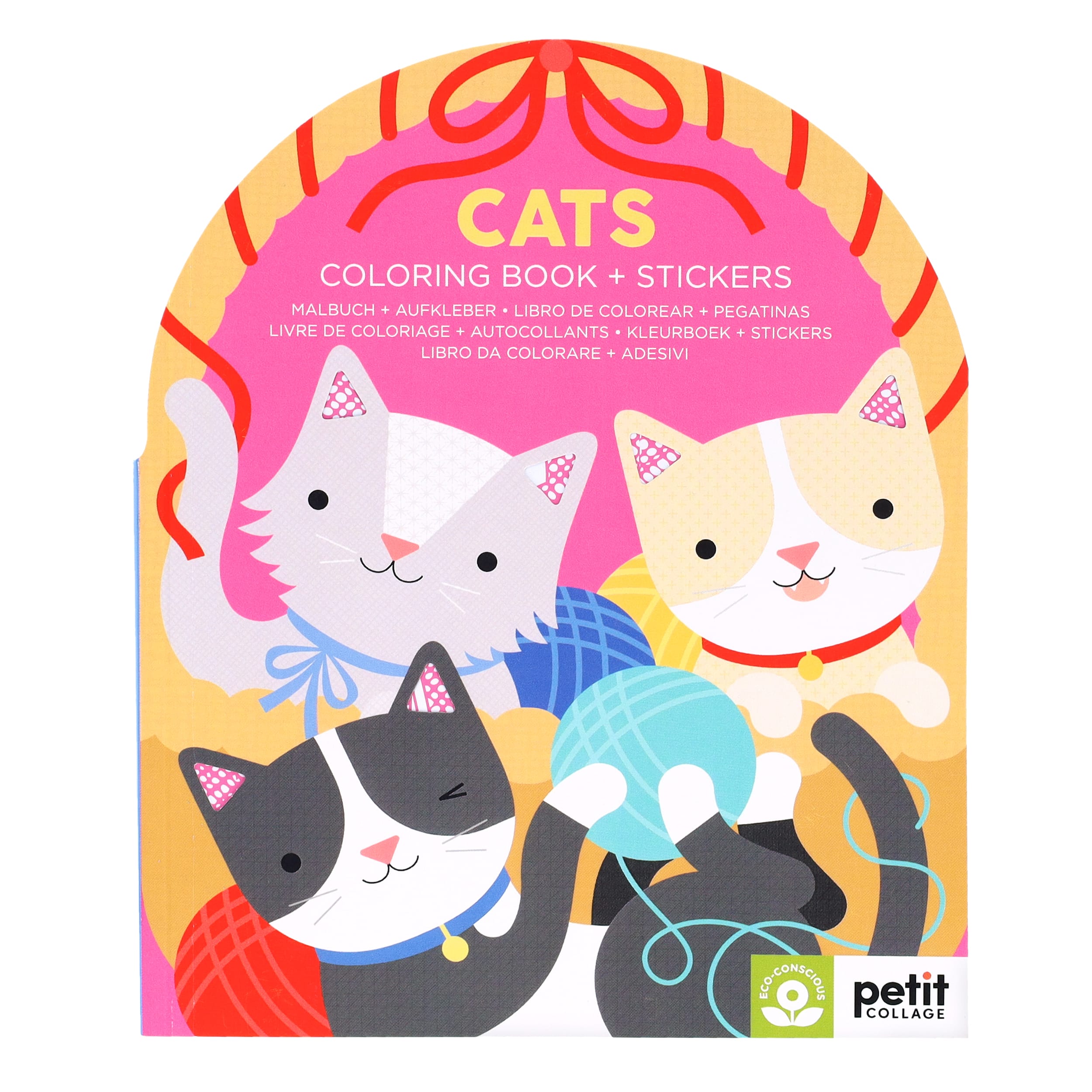 The illustrated cover of Petit Collage’s Cats Coloring Book + Stickers features three playful cartoon cats playing with a ball of yarn.
