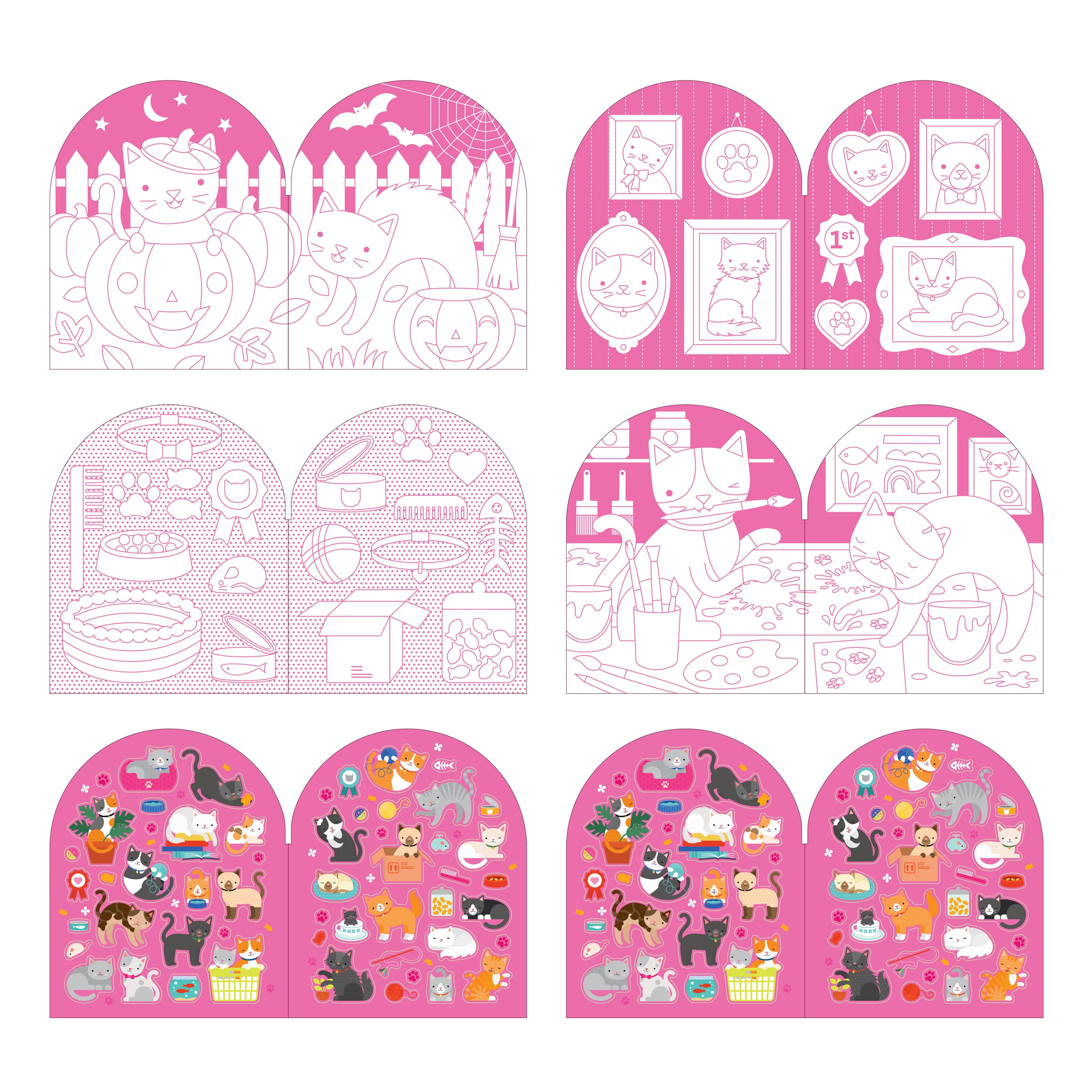 The Petit Collage Cats Coloring Book + Stickers features six illustrated panels with cats in various scenes—some as outlined drawings to color, others adorned with vibrant cat stickers and playful objects.